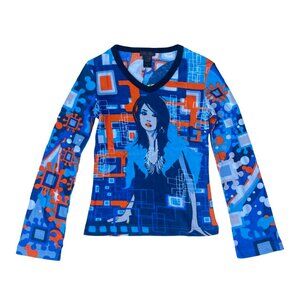 Y2K Custo Barcelona/Hayes Orange Blue Abstract Graphic Long Sleeve